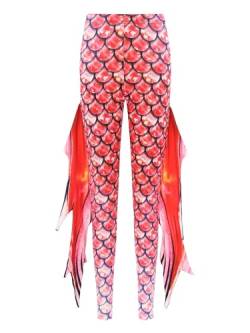 TiaoBug Damen Meerjungfrau Leggings Glänzend Hose Pants mit Tüll Schlaghose Fischschuppen Druck Faschingskostüm Karneval Verkleidung Rot D L von TiaoBug