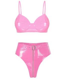 TiaoBug Damen Metallic Bikini Sets Zweiteilige Badeanzug Bademode BH Oberteil gekreuzt Rücken und Slip Bikinihose in Glanz Silber Schwarz Gold Rosa High Waist XXL von TiaoBug