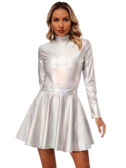 TiaoBug Damen Metallic Kleid Langarm Wetlook Body Rollkragen Bodysuit mit Hoher Bund Faltenrock Zweiteiler Skaterkleider Partykleid Gogo Tanz Clubwear Silber XL von TiaoBug