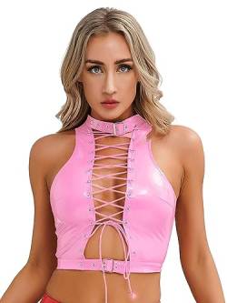 TiaoBug Damen Neckholder BH Metallic Bikini Oberteil Wetlook Dessous Lack Leder Bra Rückenfrei Bauchfrei Shirt Schnür Weste Gogo Kostüm Rosa G L von TiaoBug