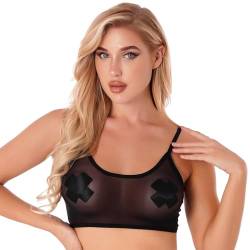 TiaoBug Damen Netz Crop Top Unterhemd Kurz Netzoberteil Party Top Transparent Bustier Bralette Spaghettiträger BH Unterwäsche Erotik Dessous Clubwear Schwarz G L von TiaoBug