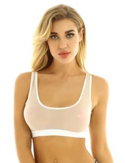 TiaoBug Damen Netz Crop Top Unterhemd Kurz Netzoberteil Party Top Transparent Bustier Bralette Spaghettiträger BH Unterwäsche Erotik Dessous Clubwear Weiß B S von TiaoBug