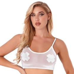 TiaoBug Damen Netz Crop Top Unterhemd Kurz Netzoberteil Party Top Transparent Bustier Bralette Spaghettiträger BH Unterwäsche Erotik Dessous Clubwear Weiß G S von TiaoBug