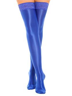 TiaoBug Damen ÖL Glanz Halterlose Strümpfe Spitzen Besatz Elegant Strapsstrümpfe Stretch Overknees Socken Stockings Blau Einheitsgröße von TiaoBug