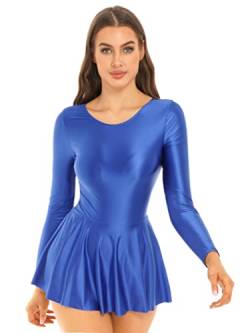 TiaoBug Damen ÖL Glanz Kleid Langarm Skaterkleid Stretch Nylon Ballettkleid Tanzkleid mit Faltenrock und Innenslip Eiskunstlauf Bekleidung Blau XL von TiaoBug