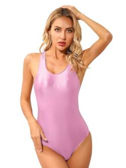 TiaoBug Damen ÖL Glanz Stringbody Ärmellos Tank Top Unterhemd und High Cut Thong Tanga Sexy Unterwäsche Gogo Clubwear Rosa E XL von TiaoBug