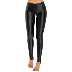 TiaoBug Damen ÖL Glanz Strumpfhosen Ouvert Pantyhose Blickdicht Nylonstrumpfhose mit Steg Stretch Stockings Sport Leggings Tights Schwarz L von TiaoBug