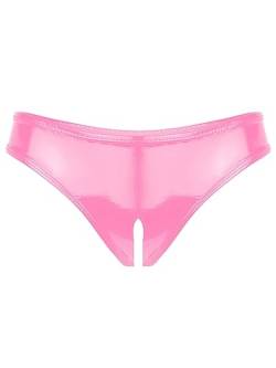 TiaoBug Damen Ouvert-Slip Glänzende Hotpants Leder Shorts Wetlook String Tanga Bikini Hose Pants Hipster Offener Schritt Panties Erotik Dessous Unterwäsche Rosa S von TiaoBug