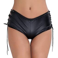 TiaoBug Damen Ouvert-Slip Glänzende Hotpants Leder Shorts Wetlook String Tanga Bikini Hose Pants Hipster Offener Schritt Panties Erotik Dessous Unterwäsche Schnür XS von TiaoBug