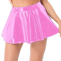 TiaoBug Damen Sexy Wetlook Rock High Waist Lack Leder Röcke Mini Glocken Skater Rock Glänzend Metallischer Faltenrock Clubwear Rosa G L von TiaoBug