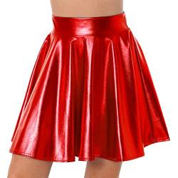 TiaoBug Damen Sexy Wetlook Rock High Waist Lack Leder Röcke Mini Glocken Skater Rock Glänzend Metallischer Faltenrock Clubwear Rot D XL von TiaoBug