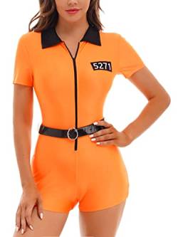 TiaoBug Damen Sträfling Kostüm Erwachsenen Gefangener Anzug Jumpsuit Overalls mit Gürtel Einheitliche Uniform Im Gefängnis Mottoparty Outfits Orange XL von TiaoBug