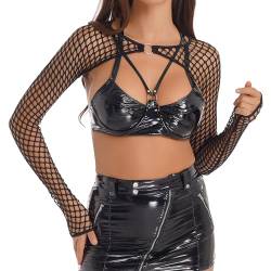 TiaoBug Damen Transparent Langarm Mesh Crop Top Shirt Bluse Shrug Top V-Ausschnitt zum Binden Sexy Oberteil Schwarz Schwarz G 3XL von TiaoBug