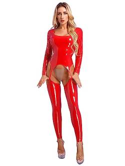 TiaoBug Damen Wetlook Bodysuit Lackleder Ganzkörperanzug mit Durchgehendem Reisverschluss im Schritt Korsett Top Rollkragen Jumpsuit Overalls Clubwear Rot ZA M von TiaoBug