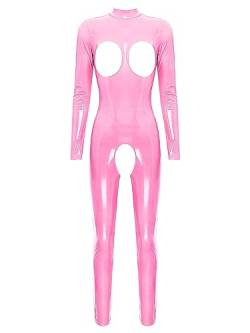 TiaoBug Damen Wetlook Bodysuit Ouvert Hose Latex Catsuit Lack Leder Overall Jumpsuit Ärmellos Tank Top Hot Pants Sexy Dessous Gogo Clubwear Hot Pink F L von TiaoBug