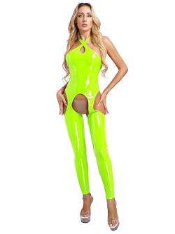 TiaoBug Damen Wetlook Bodysuit Ouvert Hose Latex Catsuit Lack Leder Overall Jumpsuit Ärmellos Tank Top Hot Pants Sexy Dessous Gogo Clubwear Leucht Grün H 3XL von TiaoBug