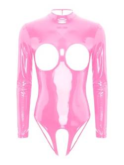 TiaoBug Damen Wetlook Bodysuit Ouvert Hose Latex Catsuit Lack Leder Overall Jumpsuit Ärmellos Tank Top Hot Pants Sexy Dessous Gogo Clubwear Rosa I S von TiaoBug