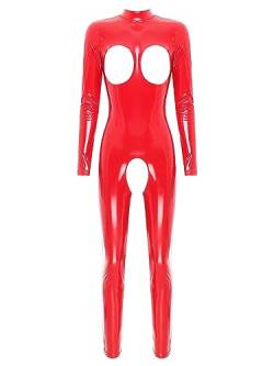 TiaoBug Damen Wetlook Bodysuit Ouvert Hose Latex Catsuit Lack Leder Overall Jumpsuit Ärmellos Tank Top Hot Pants Sexy Dessous Gogo Clubwear Rot F L von TiaoBug