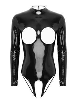 TiaoBug Damen Wetlook Bodysuit Ouvert Hose Latex Catsuit Lack Leder Overall Jumpsuit Ärmellos Tank Top Hot Pants Sexy Dessous Gogo Clubwear Schwarz I L von TiaoBug