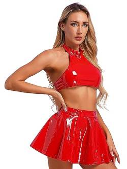 TiaoBug Damen Wetlook Dessous Set Sexy Neckholder Crop Top und Hohe Taille Skater Teller Glocken Rock Lack Leder Optik Gogo Raver Outfit Clubwear Rot Crop Top M von TiaoBug