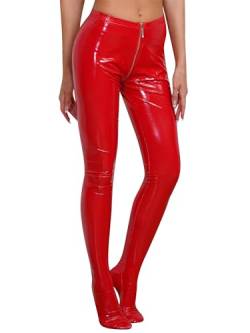 TiaoBug Damen Wetlook Hose Ouvert Strumpfhose Lack Leder Offener Schritt Pantyhose Leggings Erotik Pants Clubwear Rot C L von TiaoBug