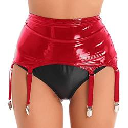 TiaoBug Damen Wetlook Strumpfgürtel Lack Leder Strapsgürtel mit Strumpfhalter Befestigung Clips Clubwear Rot L von TiaoBug