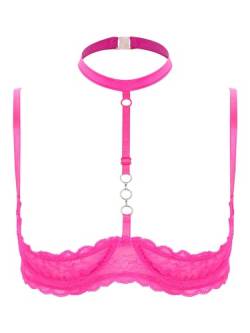 TiaoBug Damen sexy Dessous Erotik BH Bra Frauen Reizvolle Oberteil Reizwäsche Transparente Spitze Unterwäsche Offene Brust Verführerische Lingerie Hot Pink N 3XL von TiaoBug