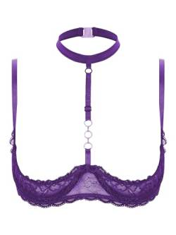 TiaoBug Damen sexy Dessous Erotik BH Bra Frauen Reizvolle Oberteil Reizwäsche Transparente Spitze Unterwäsche Offene Brust Verführerische Lingerie Violett N M von TiaoBug