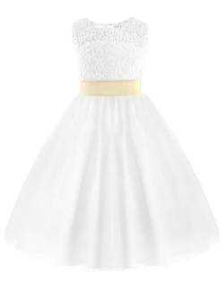 TiaoBug Festliches Mädchen Kleid Prinzessin Blumenmädchen-Kleid Hochzeit Brautjungfern Festzug Kleider Weiß 92-164 Weiß 140 von TiaoBug