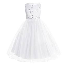 TiaoBug Festliches Mädchen Kleider Lange Brautjungfern Kinder Kleider Hochzeit Party Prinzessin Spitzen Blumenmädchen Kleid Gr. 92-164 Weiß 176 von TiaoBug