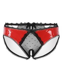 TiaoBug Glänzende Herren Ouvert-Slip Wetlook Sissy Unterwäsche Kunstleder Unterhose mit Penishülle Rüschen Badehose Bikini Slip Tanga Erotik G-String Briefs Rot A XL von TiaoBug