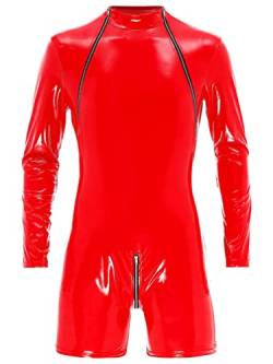 TiaoBug Herren Body Bodysuit Wetlook ouvert Unterhemd Stehkragen Dessous Leder Optik Seitlich transparent Männer eng anliegend mit Zip Overall Catsuit Rot A 3XL von TiaoBug