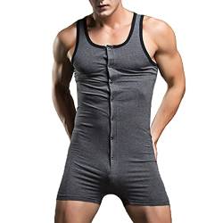 TiaoBug Herren Body aus Baumwolle Gestreift Bodysuit Unterwäsche Tank Top mit Knöpfe Boxershorts Unterhosen Männer Einteiler Overall Jumpsuit Nachtwäsche Dunkelgrau C L von TiaoBug