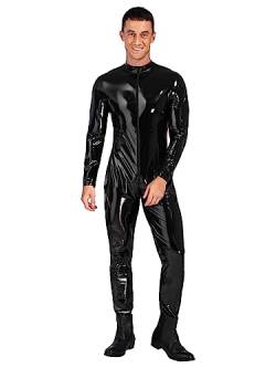 TiaoBug Herren Catsuit Lack Leder Body Langarm Ganzkörperanzug Skinny Fit Männerbody Zipper Vorne Einteiler Unterwäsche Lange Hose Clubwear Schwarz A XXL von TiaoBug