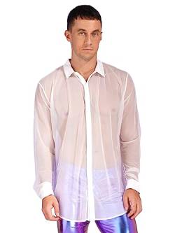 TiaoBug Herren Kurzarm-Hemd Kentkragen Mesh Shirts Freizeithemd Sommer T-Shirt Männer Transparent Shirt Unterhemd Top Oberteil Clubwear M L XL Weiß Langarm XXL von TiaoBug