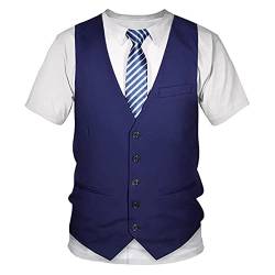 TiaoBug Herren Kurzarm T-Shirt Rundhals Tee mit Hemd Anzugweste Krawatte Aufdruck Lustiges Shirt Party Tops Unterhemd Clubwear Blau 3XL von TiaoBug