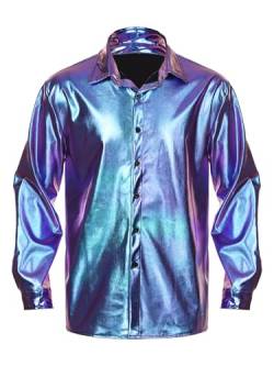 TiaoBug Herren Longsleeve Langarmshirt Hemd mit Kentkragen Pailletten Hemd 70er 80er Disco Shirt Glänzend Bluse Party Hippy Kostüm Outfit Clubwear M L XL Blau H 3XL von TiaoBug