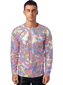 TiaoBug Herren Longsleeve Langarmshirt Hemd mit Kentkragen Pailletten Hemd 70er 80er Disco Shirt Glänzend Bluse Party Hippy Kostüm Outfit Clubwear M L XL Bunt F S von TiaoBug