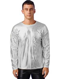 TiaoBug Herren Longsleeve Langarmshirt Hemd mit Kentkragen Pailletten Hemd 70er 80er Disco Shirt Glänzend Bluse Party Hippy Kostüm Outfit Clubwear M L XL Silber F M von TiaoBug