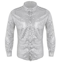 TiaoBug Herren Longsleeve Langarmshirt Hemd mit Kentkragen Pailletten Hemd 70er 80er Disco Shirt Glänzend Bluse Party Hippy Kostüm Outfit Clubwear M L XL Silber L von TiaoBug