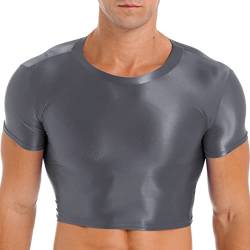 TiaoBug Herren Metallic T-Shirt Tee Slim Fit Kurzarm Crop Top Bauchfrei Oberteile Glänzend Unterhemd Stretch Shirts aus Nylon Strumpf Clubwear Grau XL von TiaoBug