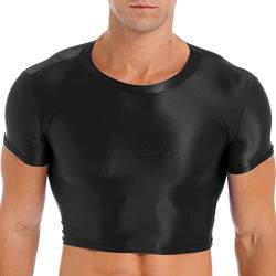 TiaoBug Herren Metallic T-Shirt Tee Slim Fit Kurzarm Crop Top Bauchfrei Oberteile Glänzend Unterhemd Stretch Shirts aus Nylon Strumpf Clubwear Schwarz L von TiaoBug