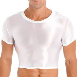 TiaoBug Herren Metallic T-Shirt Tee Slim Fit Kurzarm Crop Top Bauchfrei Oberteile Glänzend Unterhemd Stretch Shirts aus Nylon Strumpf Clubwear Weiß XL von TiaoBug