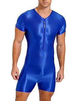 TiaoBug Herren ÖL Glanz Body Ärmellos/Kurzarm Bodysuit mit Bein Einteiler Kompression Unterwäsche Sport Trikot Leotard Blau E M von TiaoBug