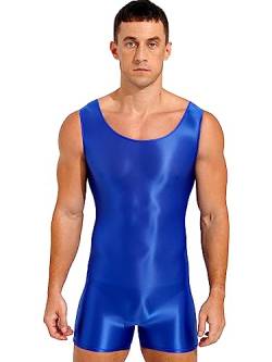 TiaoBug Herren ÖL Glanz Body Ärmellos/Kurzarm Bodysuit mit Bein Einteiler Kompression Unterwäsche Sport Trikot Leotard Blau F XL von TiaoBug