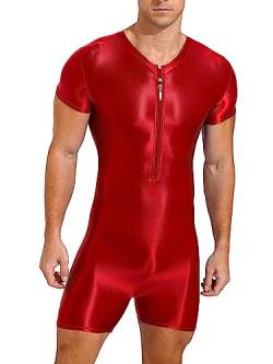 TiaoBug Herren ÖL Glanz Body Ärmellos/Kurzarm Bodysuit mit Bein Einteiler Kompression Unterwäsche Sport Trikot Leotard Burgundy E M von TiaoBug