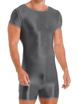 TiaoBug Herren ÖL Glanz Body Ärmellos/Kurzarm Bodysuit mit Bein Einteiler Kompression Unterwäsche Sport Trikot Leotard Grau B L von TiaoBug