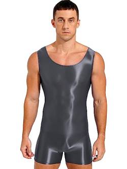 TiaoBug Herren ÖL Glanz Body Ärmellos/Kurzarm Bodysuit mit Bein Einteiler Kompression Unterwäsche Sport Trikot Leotard Grau F XL von TiaoBug