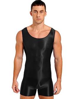 TiaoBug Herren ÖL Glanz Body Ärmellos/Kurzarm Bodysuit mit Bein Einteiler Kompression Unterwäsche Sport Trikot Leotard Schwarz F XL von TiaoBug