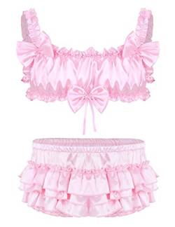 TiaoBug Herren Satin Sissy Bralette Crop Top mit Schleife Rüschen Höschen Panties Slip mit Raffung Barrock Crossdressing Kostüm Prinz Clubwear Rosa M von TiaoBug